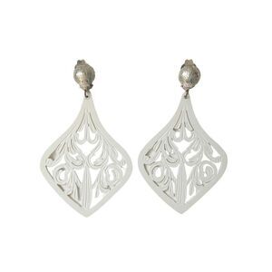 Vintage White Bakelite Carved Chandelier Dangle Earrings Silver Tone Clip On